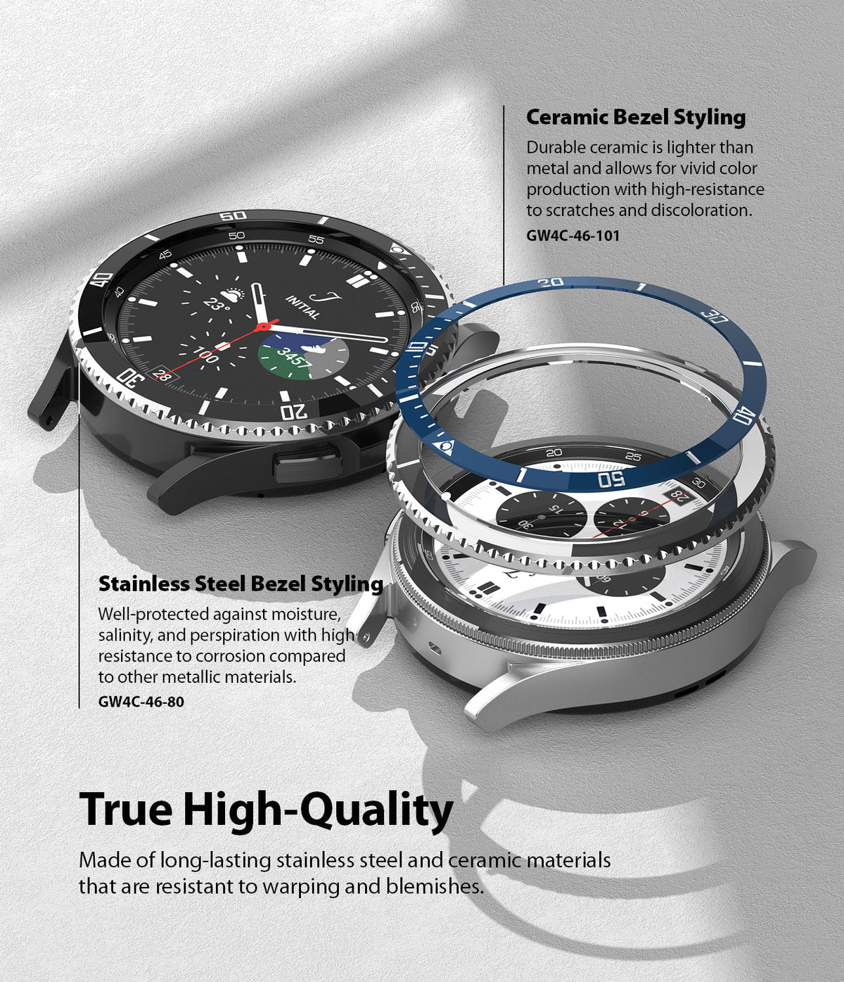 Galaxy Watch 4 Classic 46mm | Bezel Styling - Exploded view of black and silver Galaxy Watch 4 bezels with descriptive text.