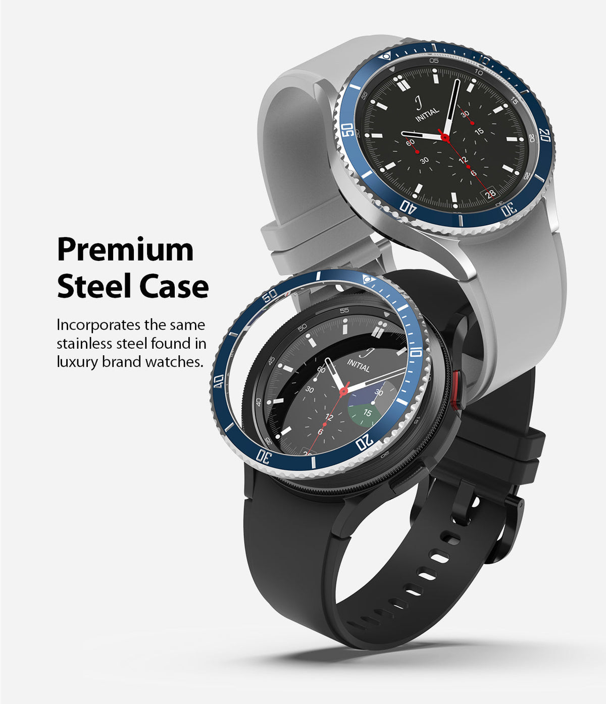 Galaxy Watch 4 Classic 46mm | Bezel Styling - Two smartwatches with blue stainless steel bezels and black watch faces.