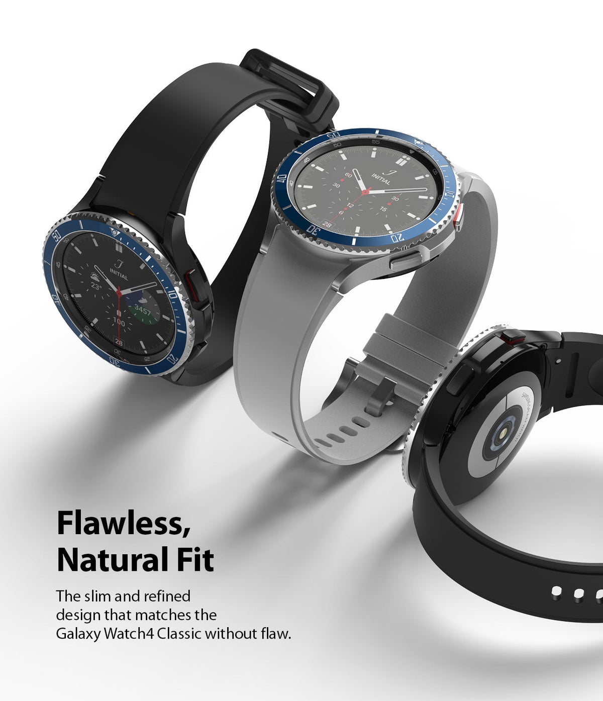 Galaxy Watch 4 Classic 46mm | Bezel Styling - Three Galaxy Watch 4 Classic units with blue bezel rings and varied bands.