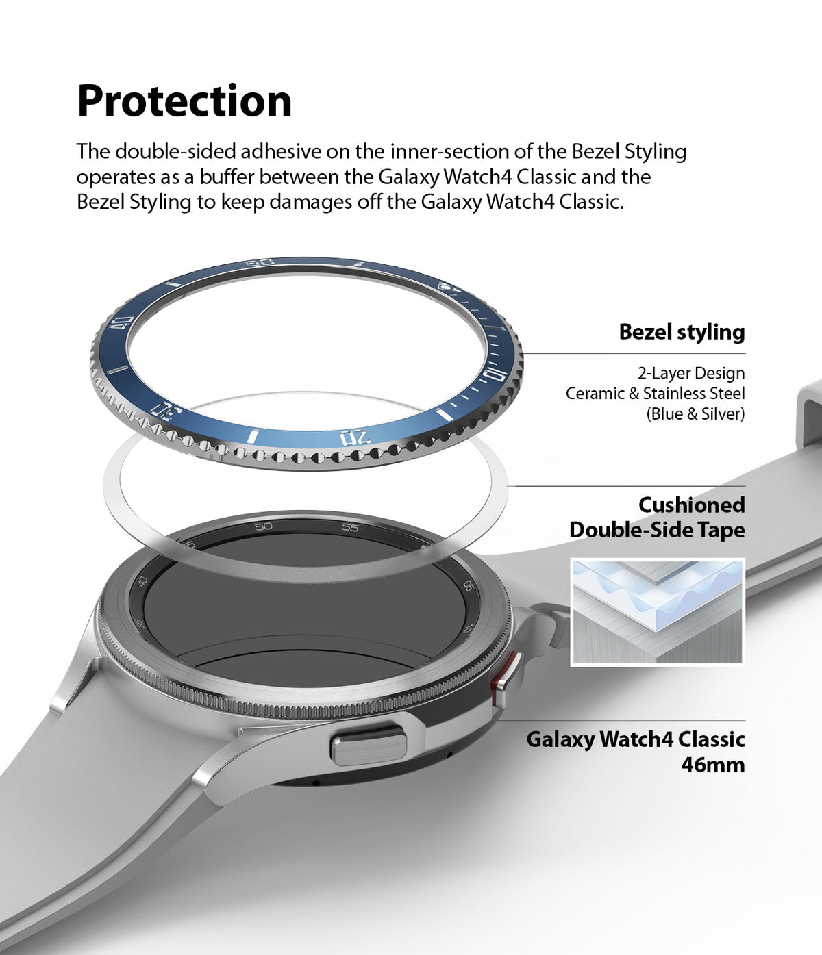 Galaxy Watch 4 Classic 46mm | Bezel Styling - Exploded view showing bezel, adhesive tape, and watch body assembly.