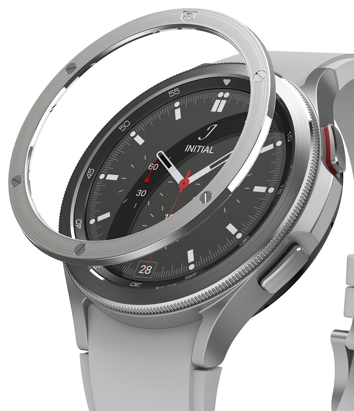 Galaxy Watch 4 Classic 46mm | Bezel Styling - A silver metal bezel ring hovering above a Galaxy Watch 4 Classic with a black face.