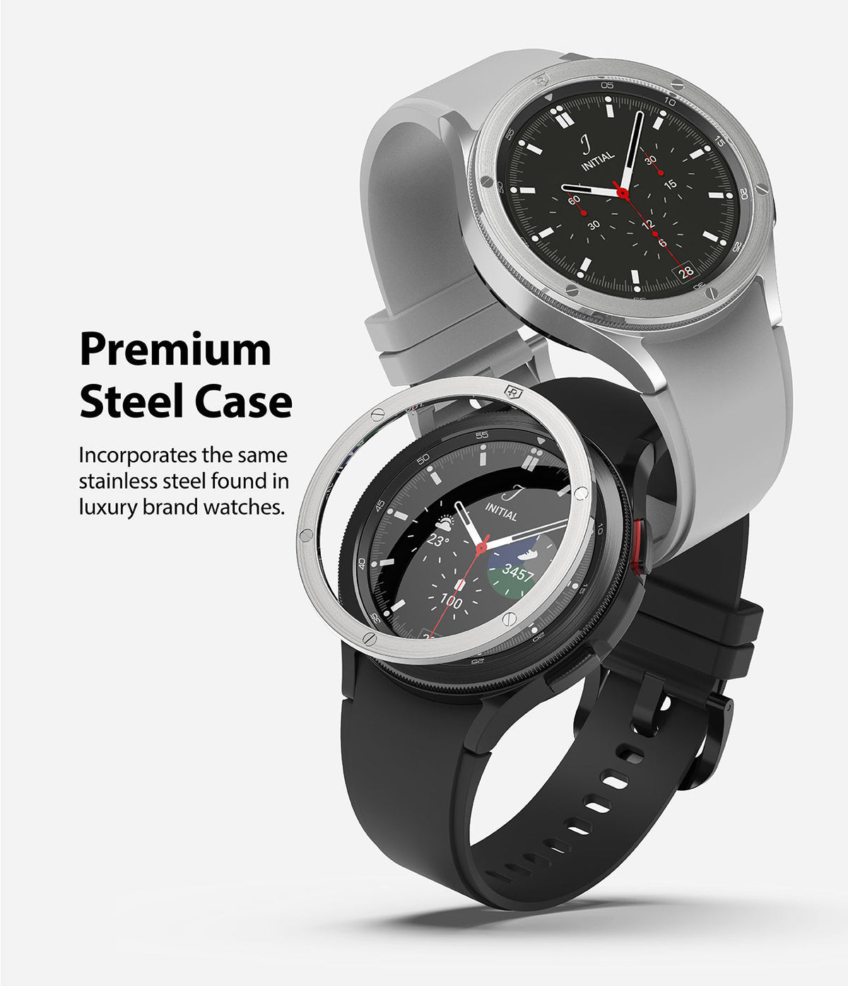 Galaxy Watch 4 Classic 46mm | Bezel Styling - Two Galaxy Watch 4 smartwatches with stainless steel bezel styling rings.