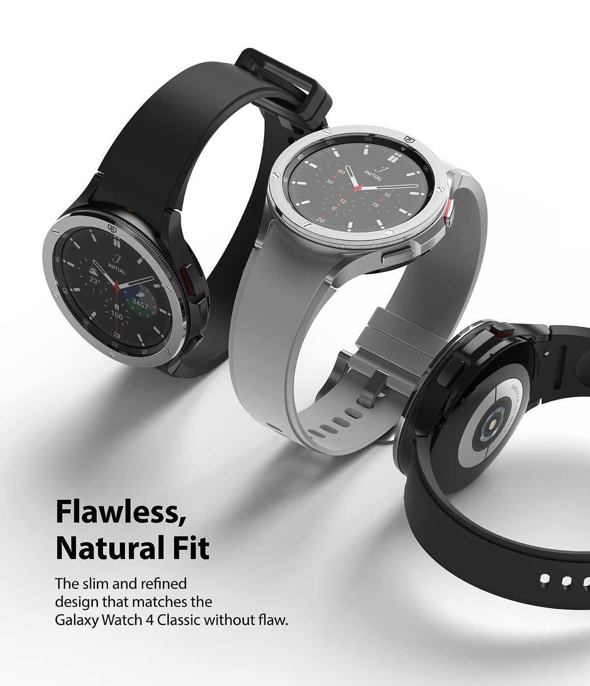Galaxy Watch 4 Classic 46mm | Bezel Styling - Three Galaxy Watch 4 Classic units with metallic bezel covers and silicone straps.