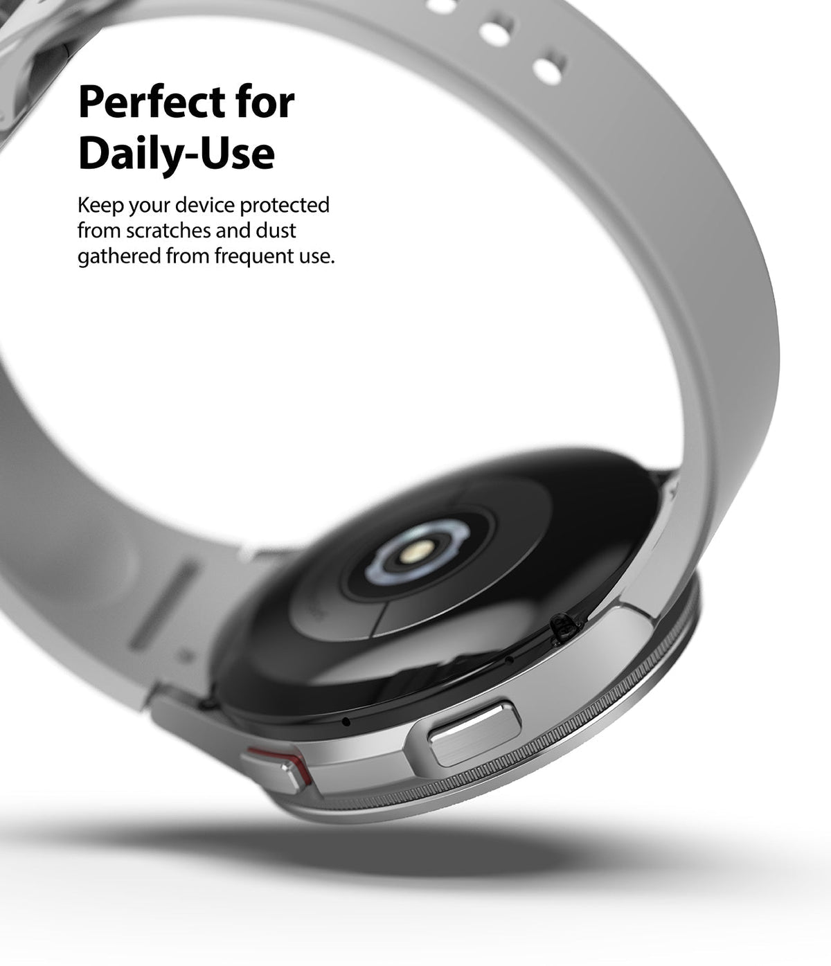 Galaxy Watch 4 Classic 46mm | Bezel Styling - Silver smartwatch case with a grey band, highlighting scratch protection.