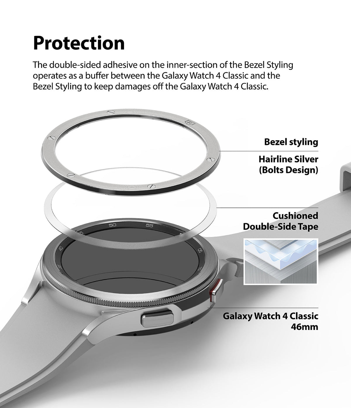 Galaxy Watch 4 Classic 46mm | Bezel Styling - Galaxy Watch 4 Classic 46mm - Exploded view showing bezel styling, adhesive tape, and watch body for protective assembly.