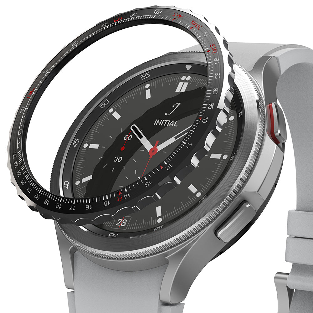 Galaxy Watch 4 Classic 46mm | Bezel Styling - A silver metallic bezel ring hovering above a silver smartwatch face.