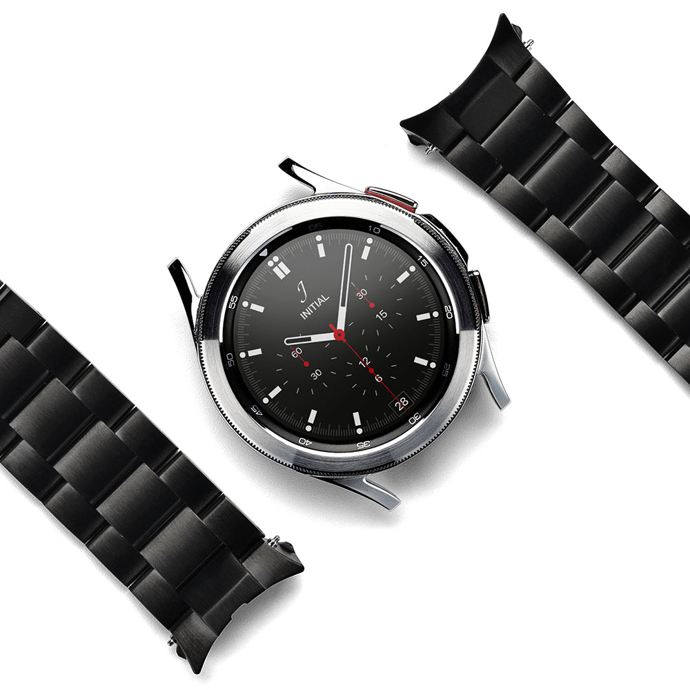 Galaxy Watch 4 Classic 42mm | Metal One Band - Silver smartwatch with black dial and detached black metal link band.