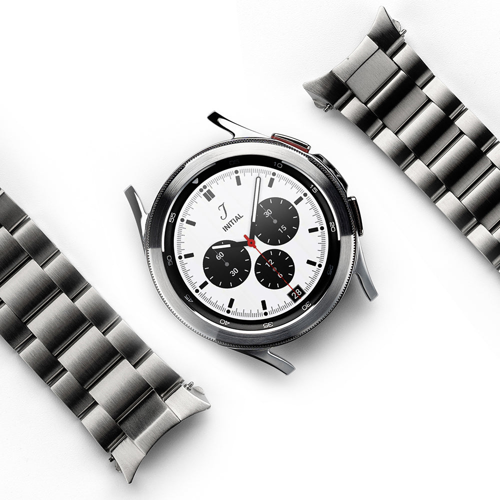 Galaxy Watch 4 Classic 42mm | Metal One Band - Silver smartwatch with white chronograph face and detached metal link band.