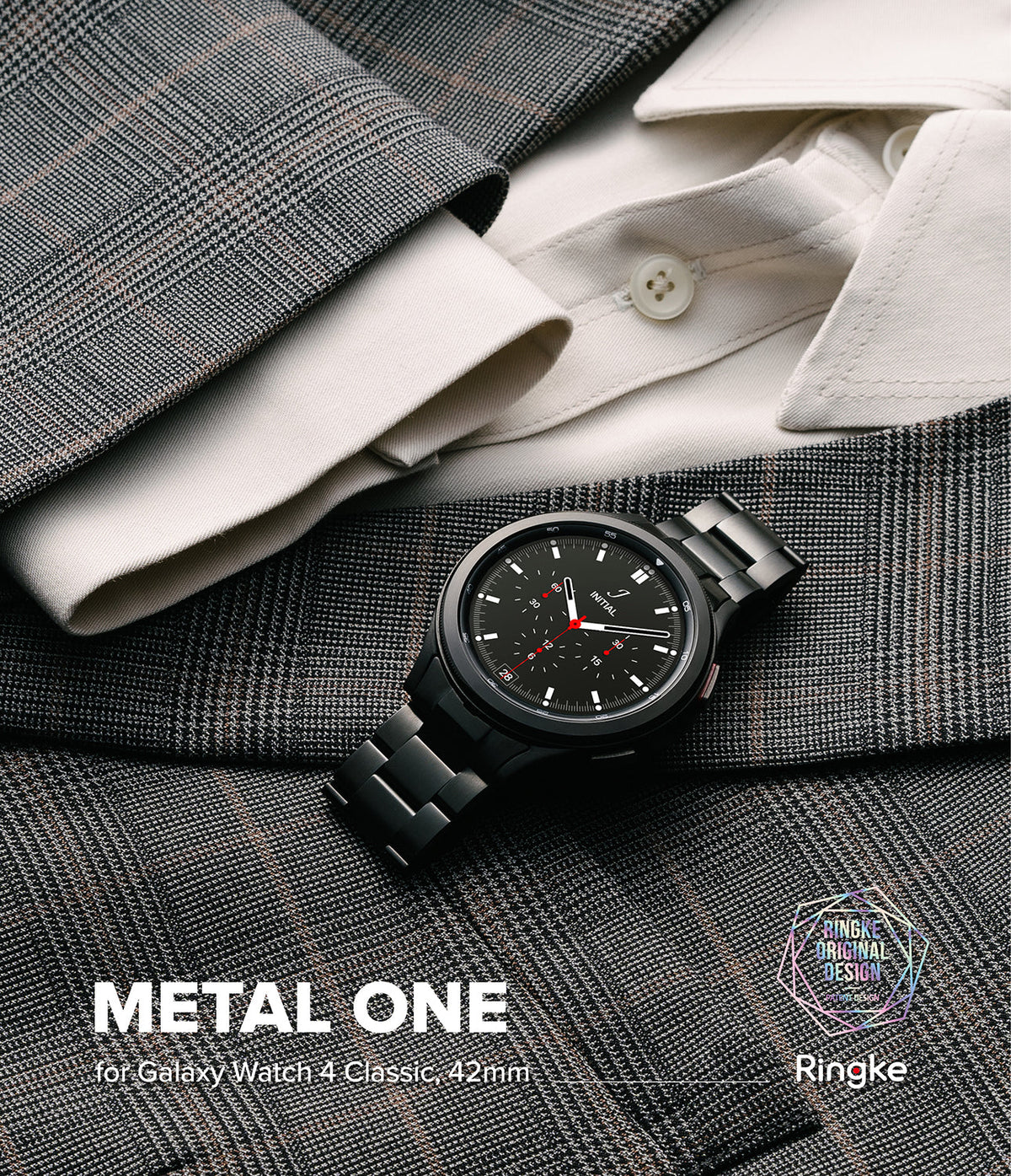 Galaxy Watch 4 Classic 42mm | Metal One Band - Black metal watch on a grey plaid suit jacket and white shirt.