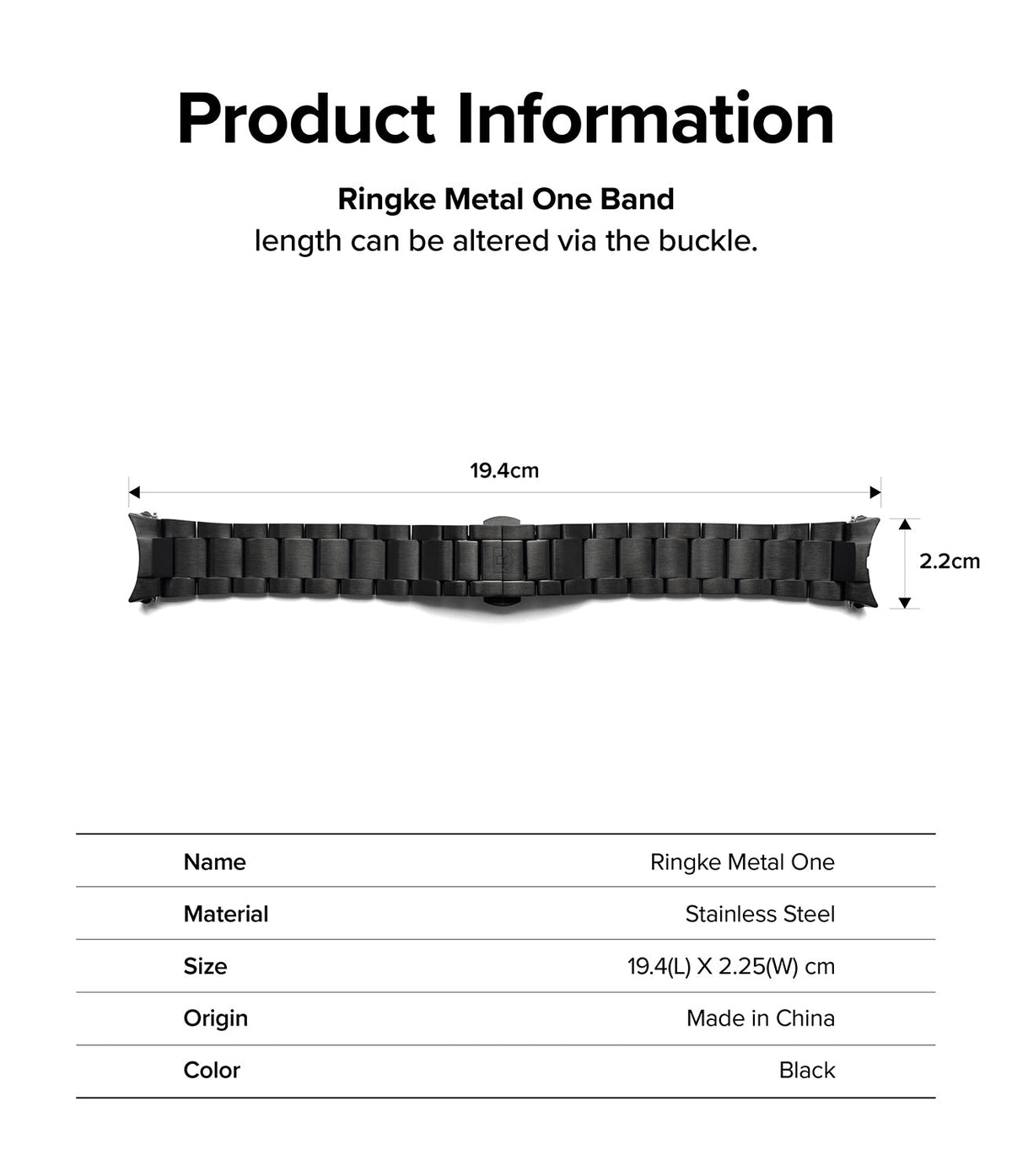 Galaxy Watch 4 Classic 42mm | Metal One Band - Black stainless steel watch band with dimensions 19.4cm by 2.2cm.
