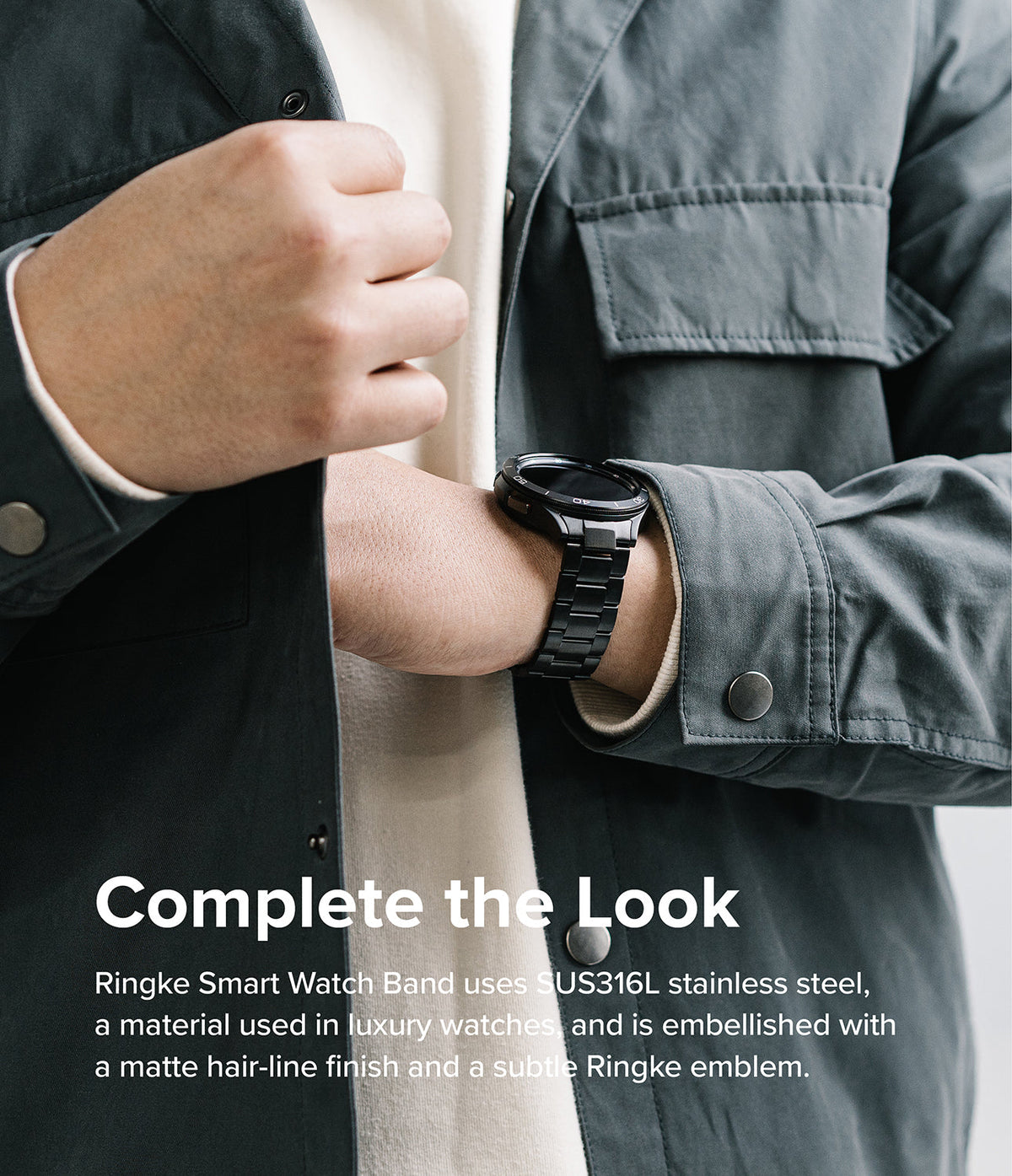 Galaxy Watch 4 Classic 42mm | Metal One Band - Black stainless steel watch band on a wrist wearing a dark jacket.
