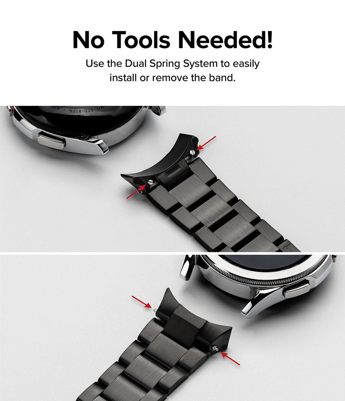 Galaxy Watch 4 Classic 42mm | Metal One Band - Two panels showing a black metal watch band with dual spring pins.