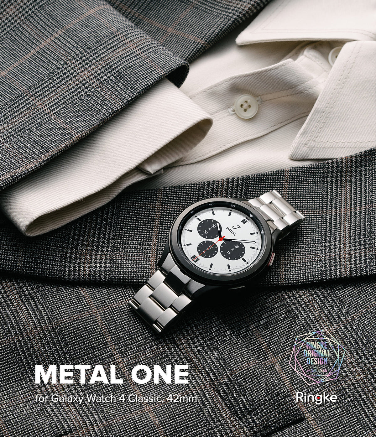 Galaxy Watch 4 Classic 42mm | Metal One Band - Silver metal watch with white chronograph face resting on a suit.