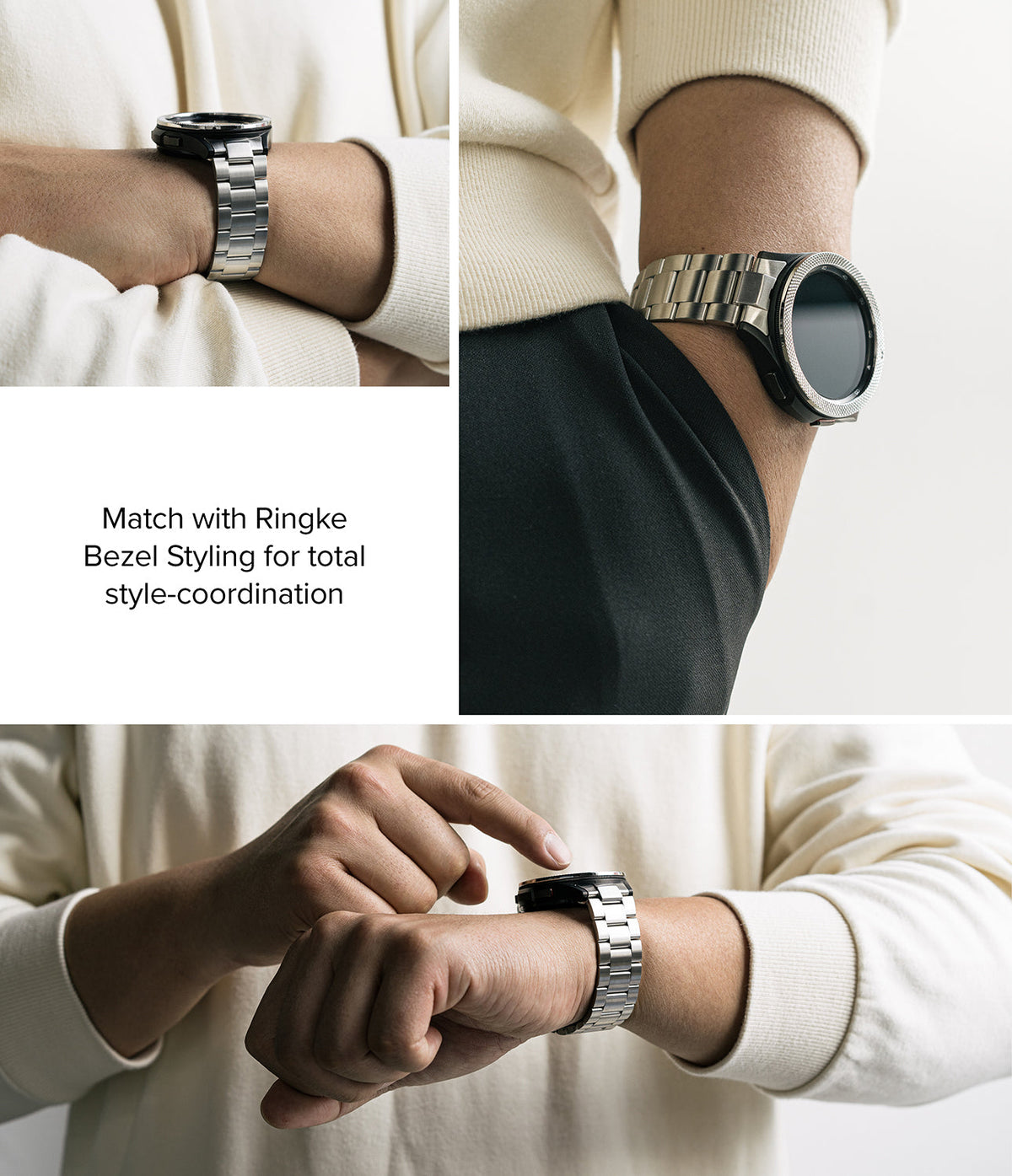 Galaxy Watch 4 Classic 42mm | Metal One Band - Three views of a black smartwatch with a silver metal link band on a wrist.