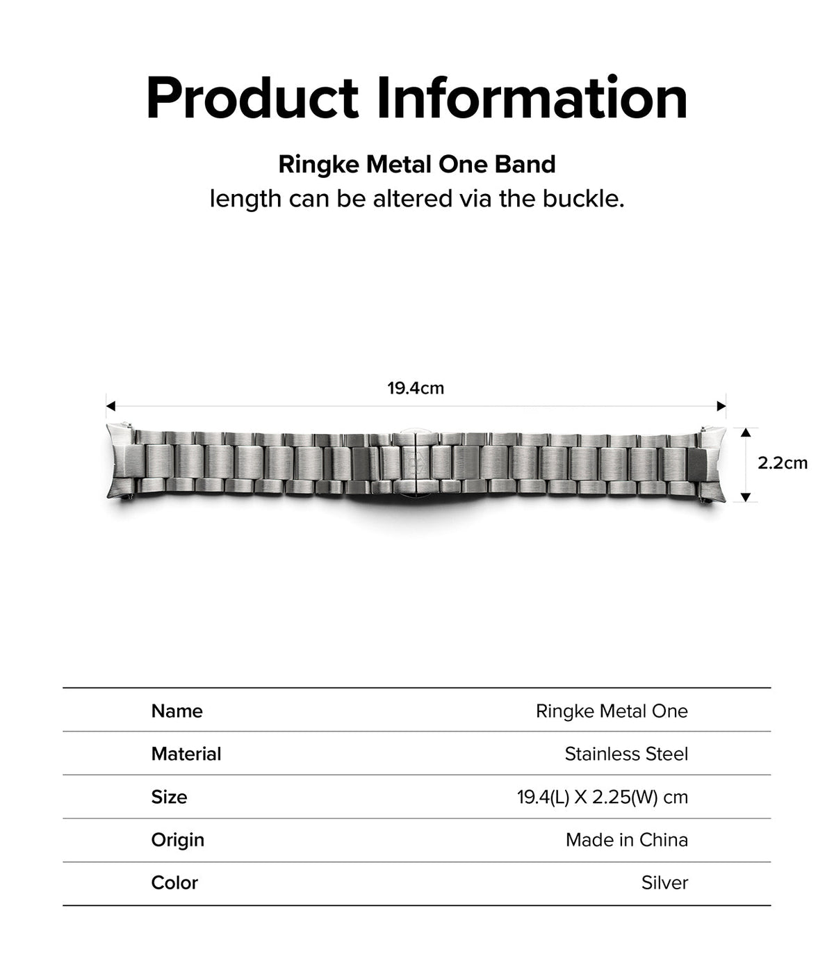 Galaxy Watch 4 Classic 42mm | Metal One Band - Technical diagram of a silver stainless steel watch band with dimensions.