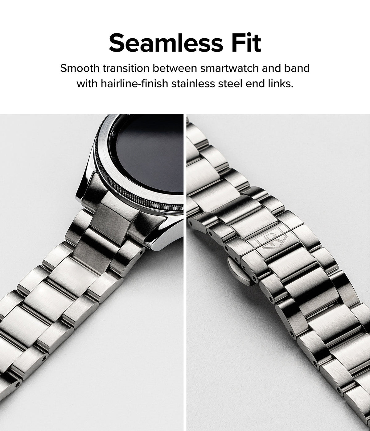 Galaxy Watch 4 Classic 42mm | Metal One Band - Close-up of a silver stainless steel watch band attached to a smartwatch.