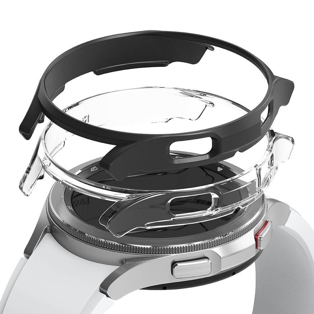 Galaxy Watch 4 Classic 42mm Case | Slim - Exploded view of a black slim protective case hovering above a silver smartwatch.