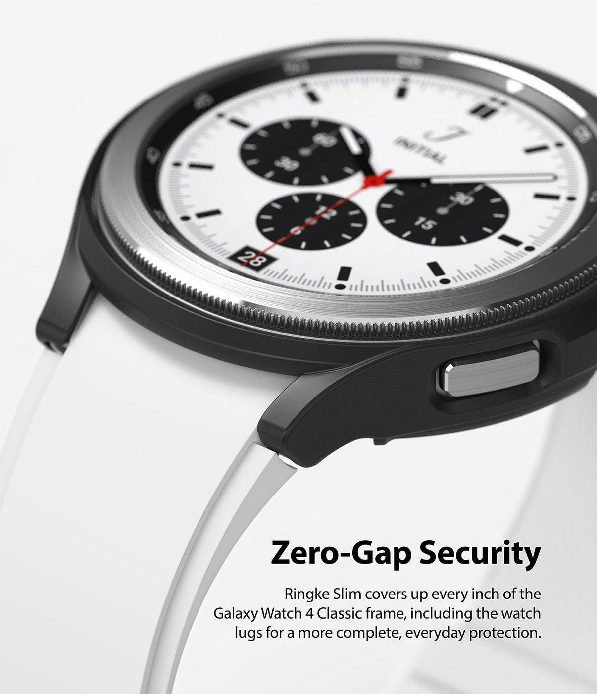 Galaxy Watch 4 Classic 42mm Case | Slim - Close-up of a black protective case on a white Galaxy Watch 4 Classic.