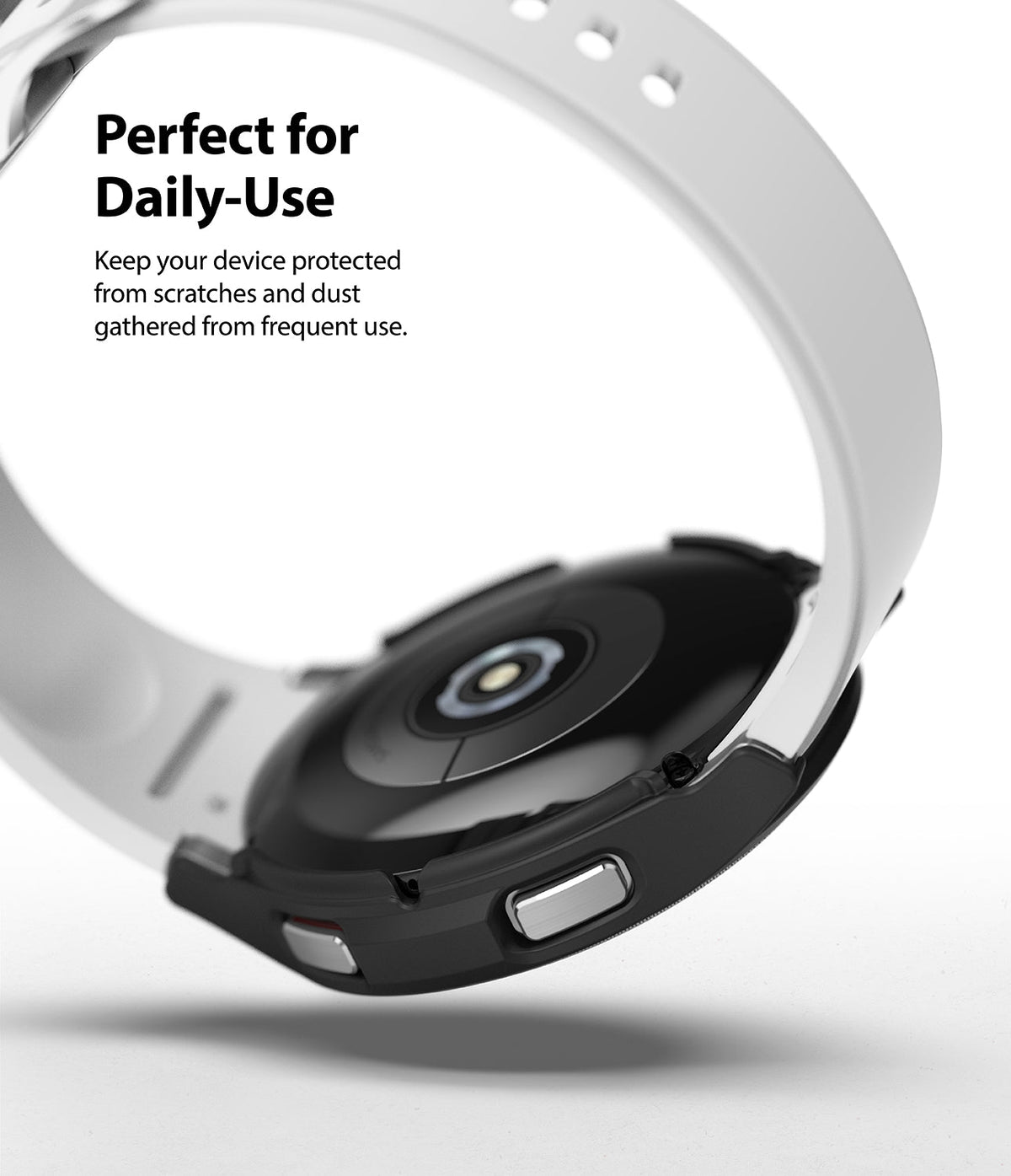 Galaxy Watch 4 Classic 42mm Case | Slim - Black protective case on a Galaxy Watch 4 with a white band against a white background.