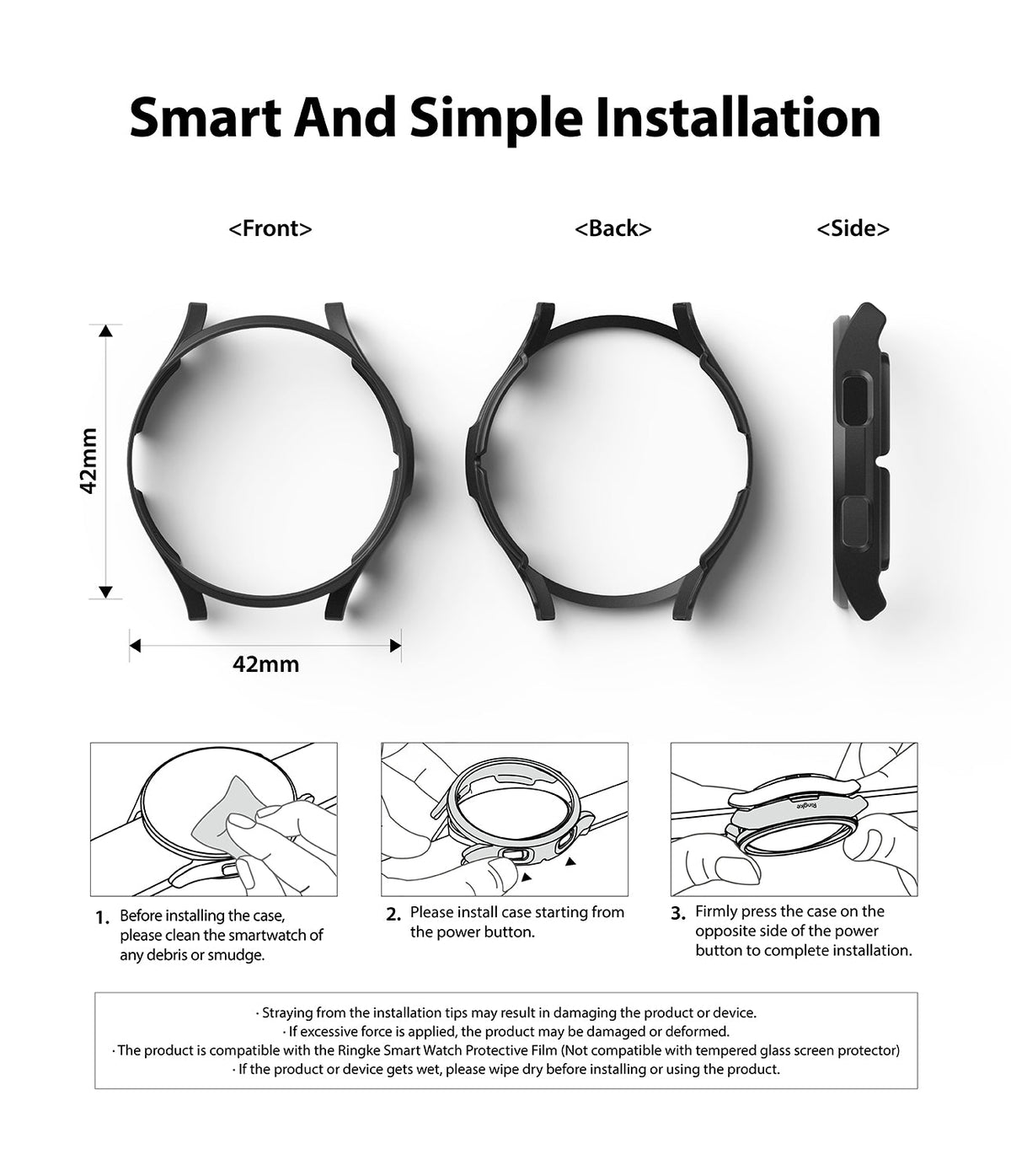 Galaxy Watch 4 Classic 42mm Case | Slim - Front, back, and side views of a black watch case with 3-step installation guide.