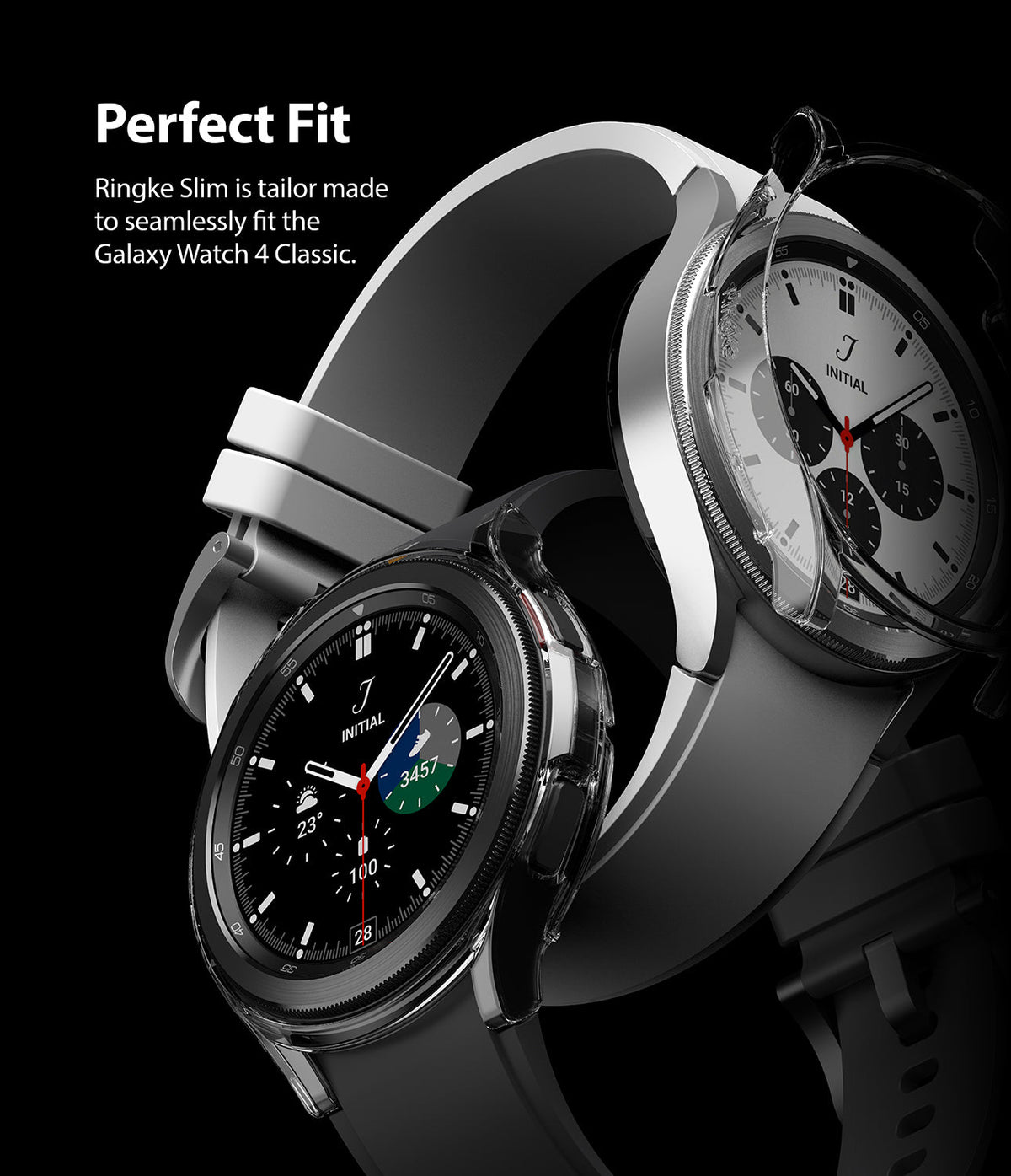Galaxy Watch 4 Classic 42mm Case | Slim - Two Galaxy Watch 4 Classic watches with clear protective cases on black.