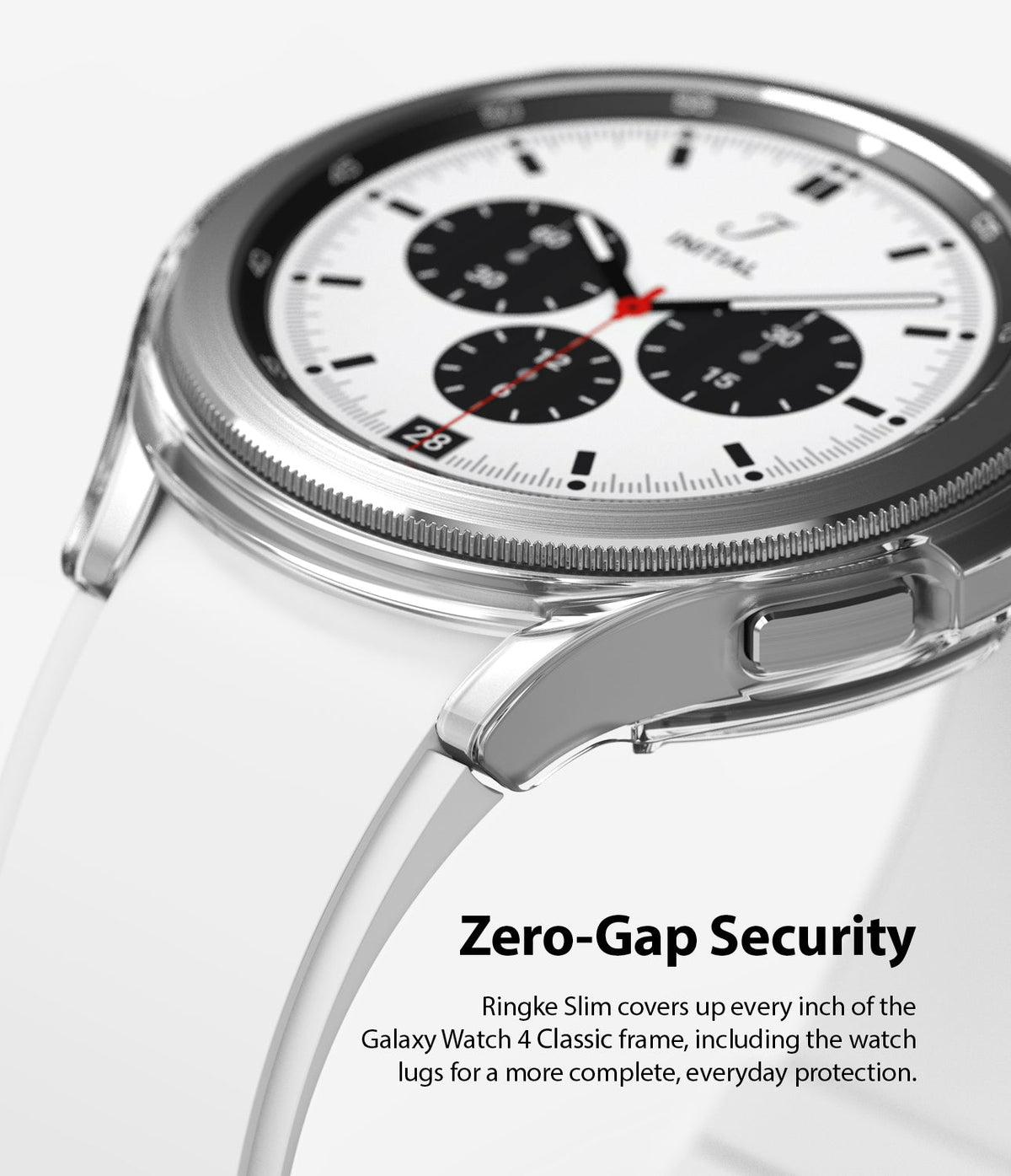 Galaxy Watch 4 Classic 42mm Case | Slim - Clear protective case on a Galaxy Watch 4 Classic with a white watch band.