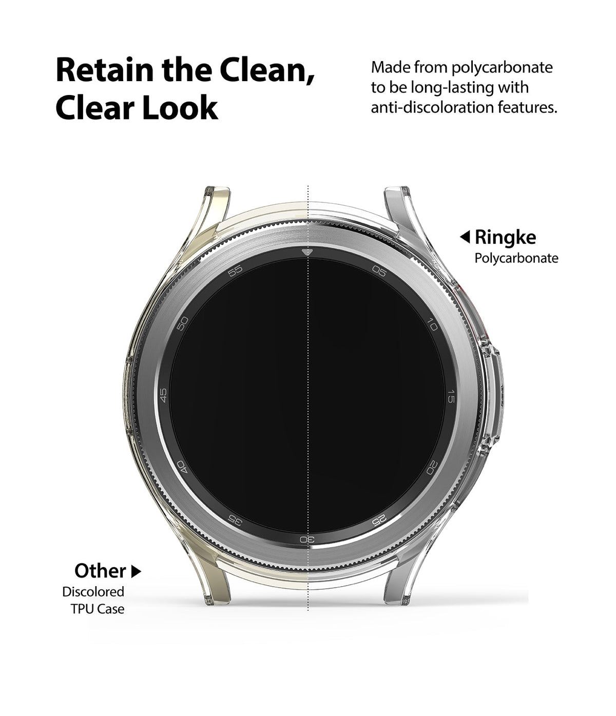 Galaxy Watch 4 Classic 46mm Case | Slim - Comparison of a clear Ringke polycarbonate case and a discolored TPU case.