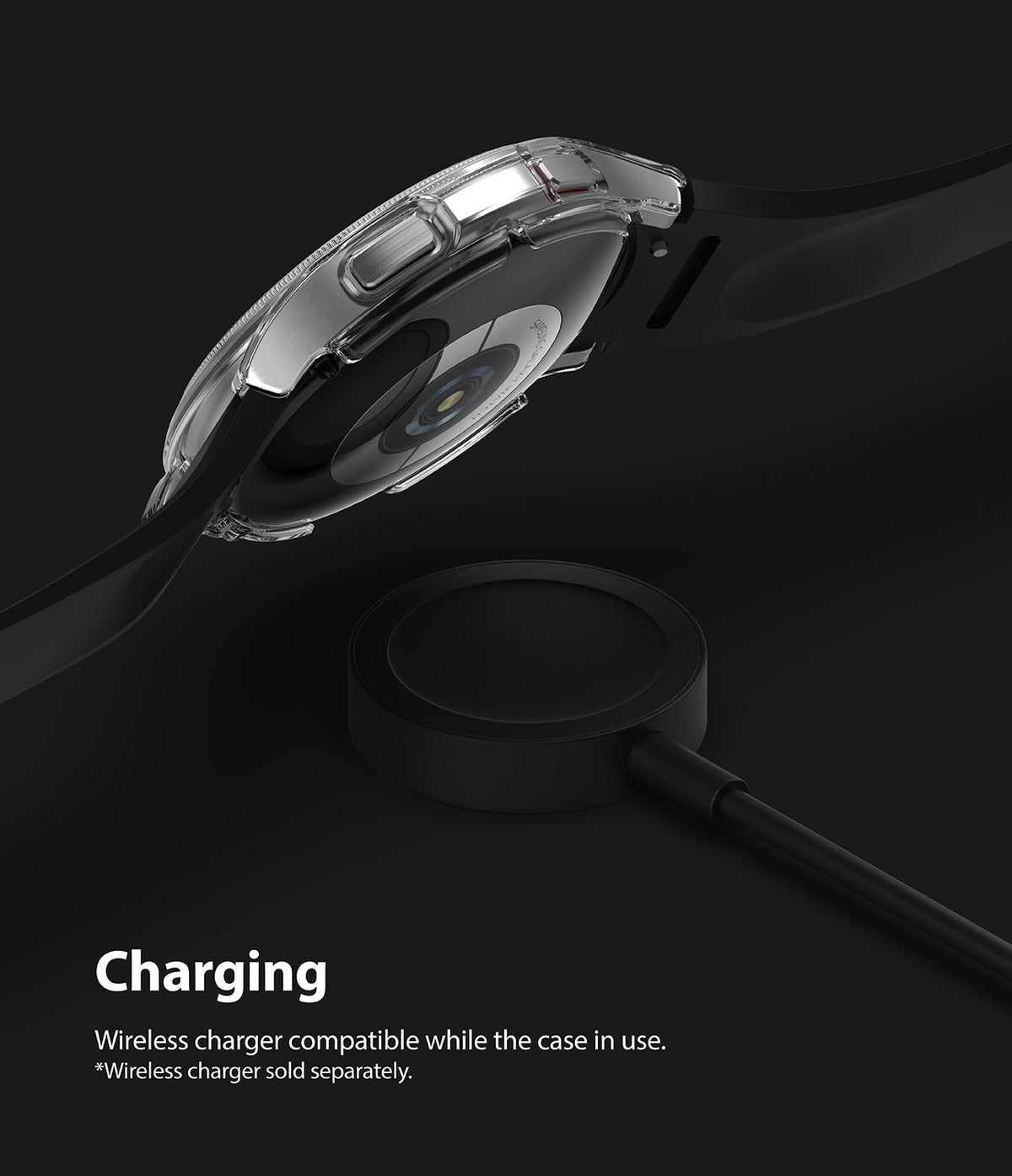 Galaxy Watch 4 Classic 42mm Case | Slim - Clear protective case on a Galaxy Watch 4 Classic hovering over a wireless charger.