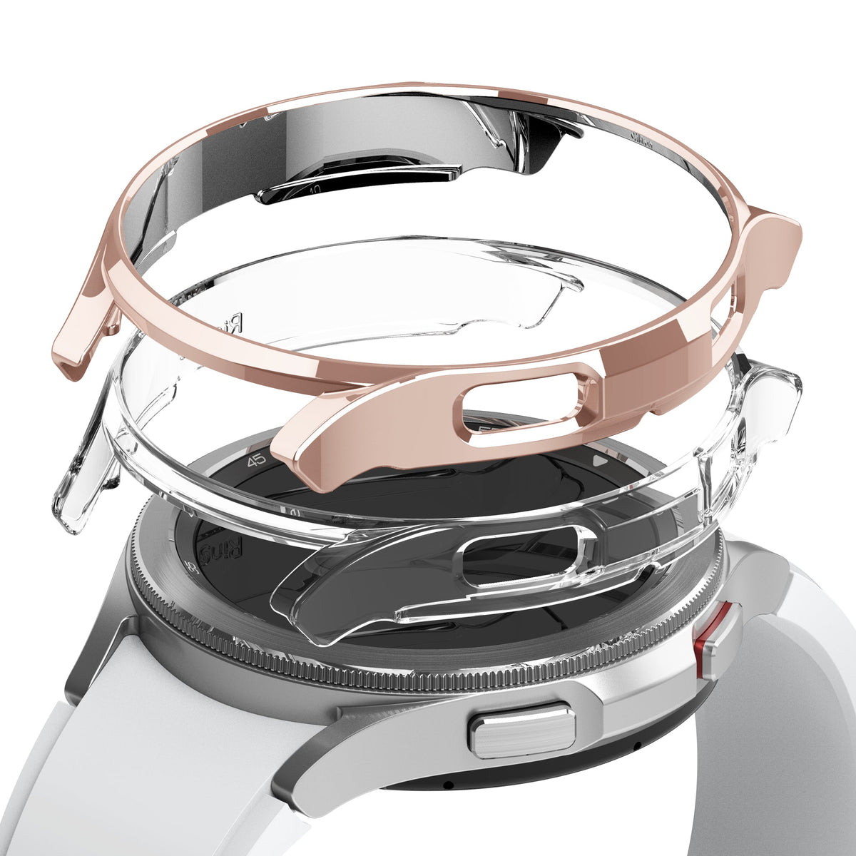 Galaxy Watch 4 Classic 42mm Case | Slim - Rose gold and clear protective watch cases hovering above a silver smartwatch.