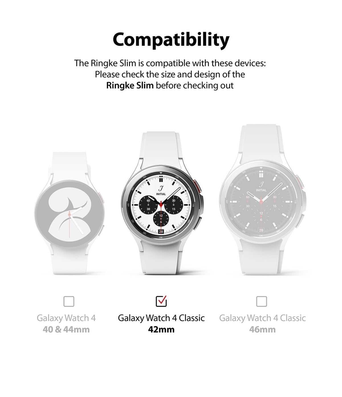 Galaxy Watch 4 Classic 42mm Case | Slim - Compatibility chart highlighting the 42mm model among three watch options.