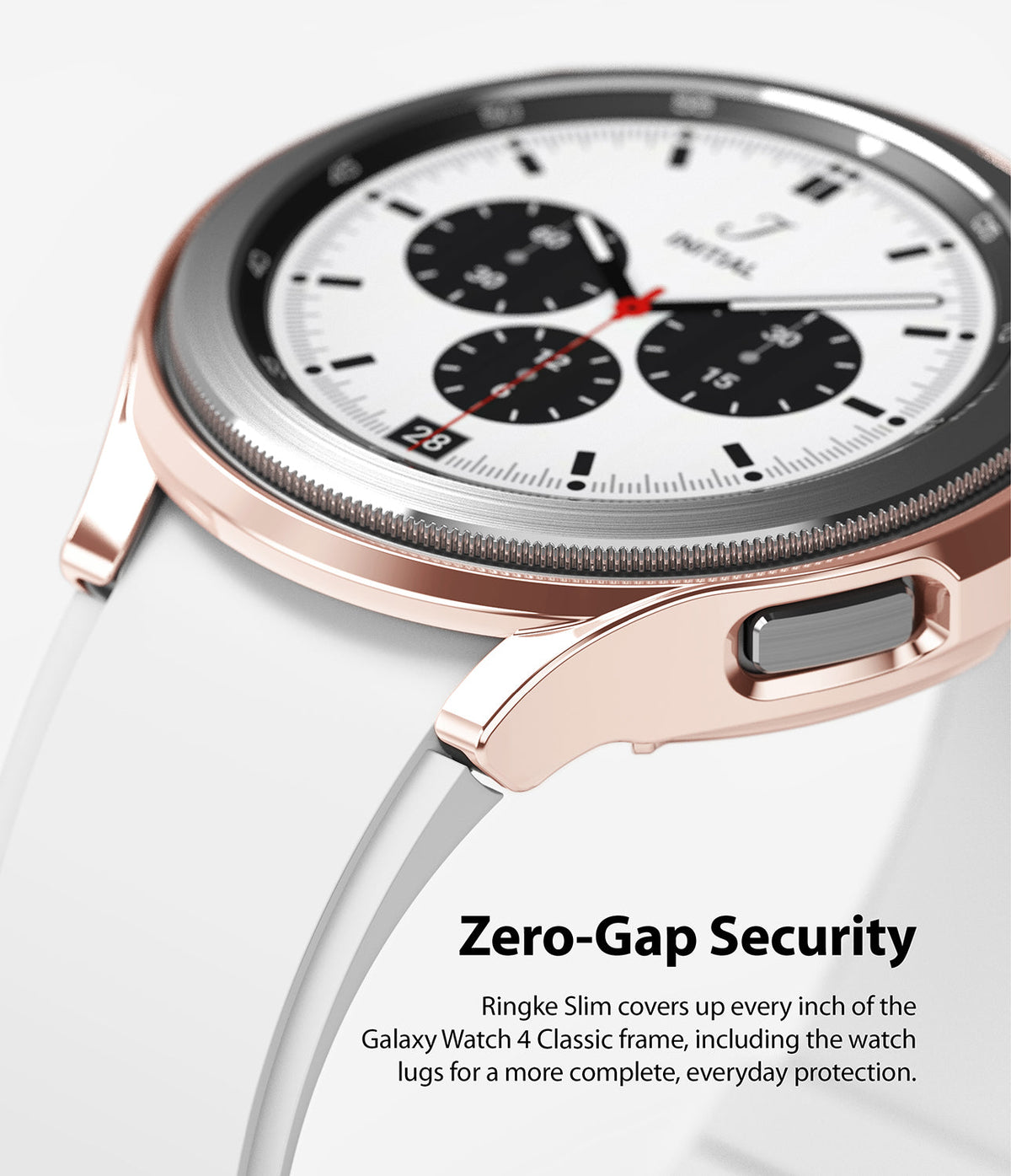 Galaxy Watch 4 Classic 42mm Case | Slim - Rose gold protective case on a Galaxy Watch 4 with a white band.
