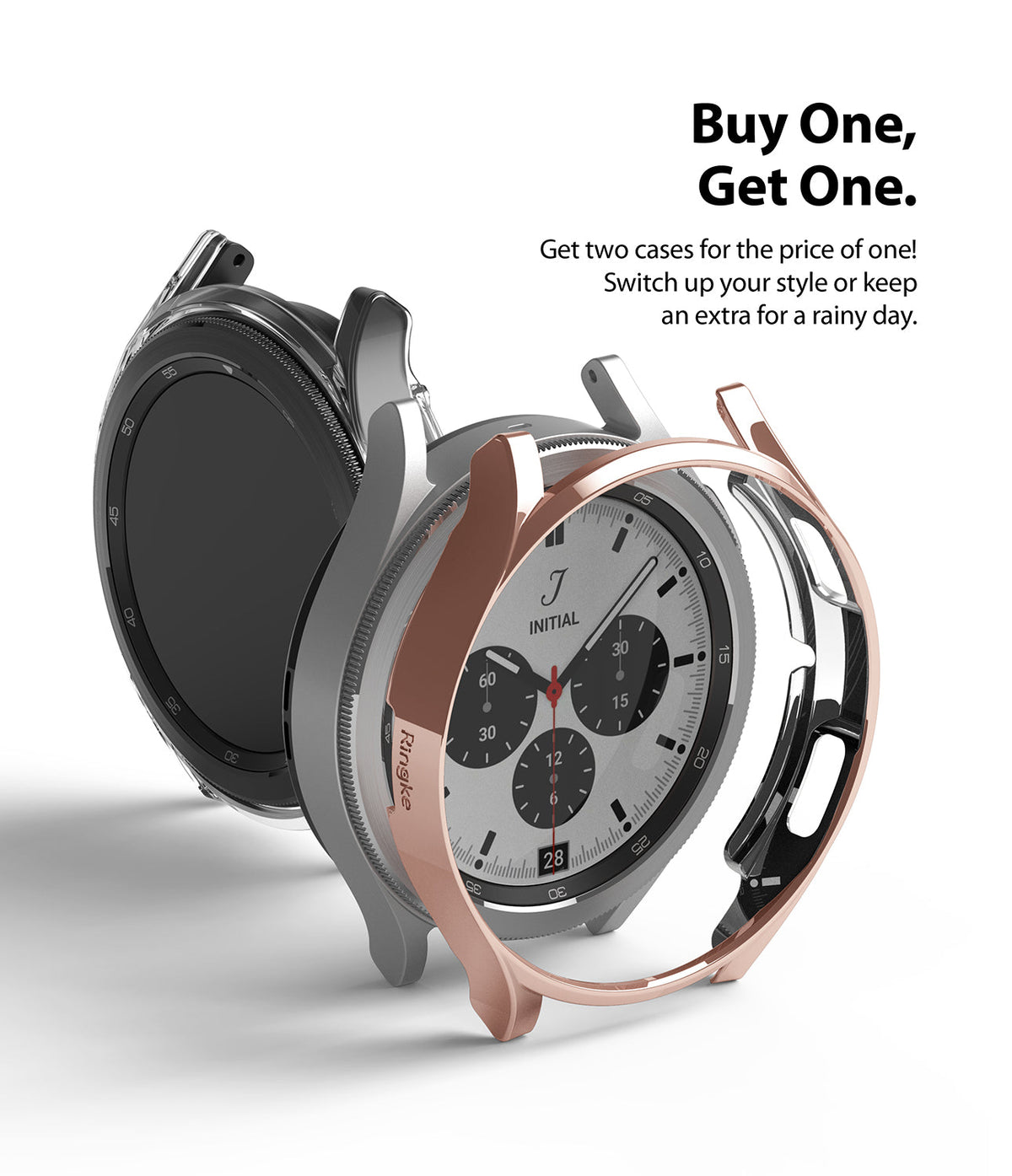 Galaxy Watch 4 Classic 42mm Case | Slim - Two protective watch cases, one clear and one rose gold, floating near a watch.