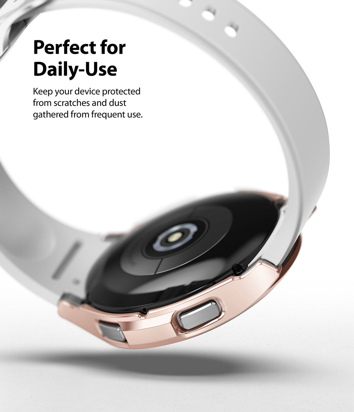 Galaxy Watch 4 Classic 42mm Case | Slim - Rose gold protective case on a Galaxy Watch 4 with a white silicone band.
