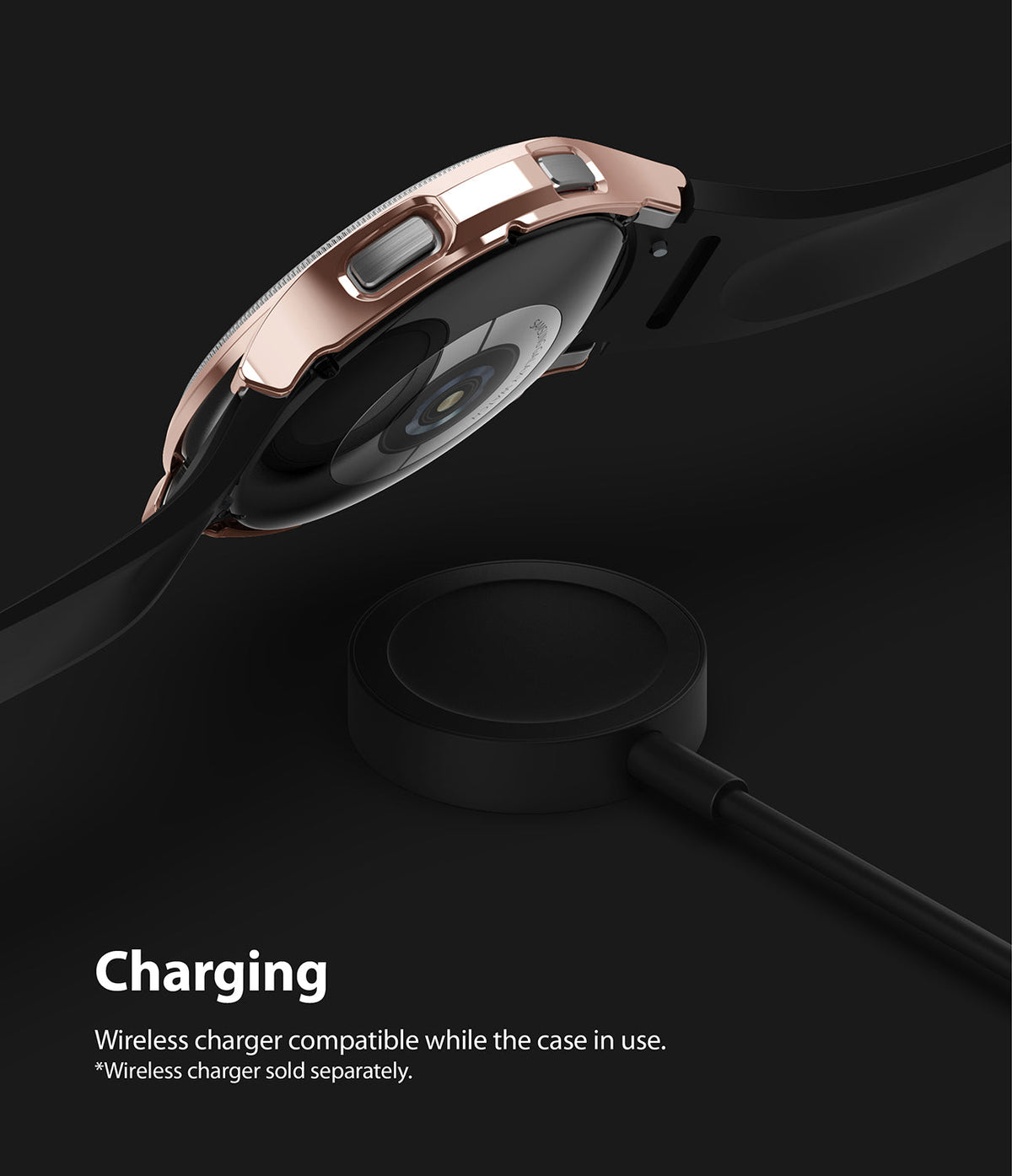 Galaxy Watch 4 Classic 42mm Case | Slim - Rose gold watch case hovering above a black wireless charging puck.
