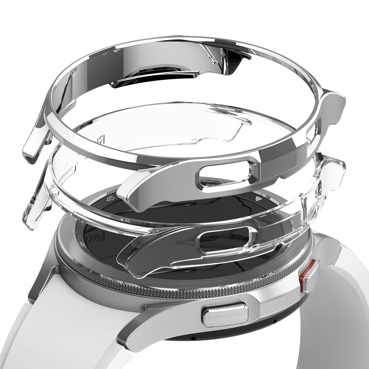 Galaxy Watch 4 Classic 42mm Case | Slim - A transparent, slim protective cover hovering above a silver Galaxy Watch 4.