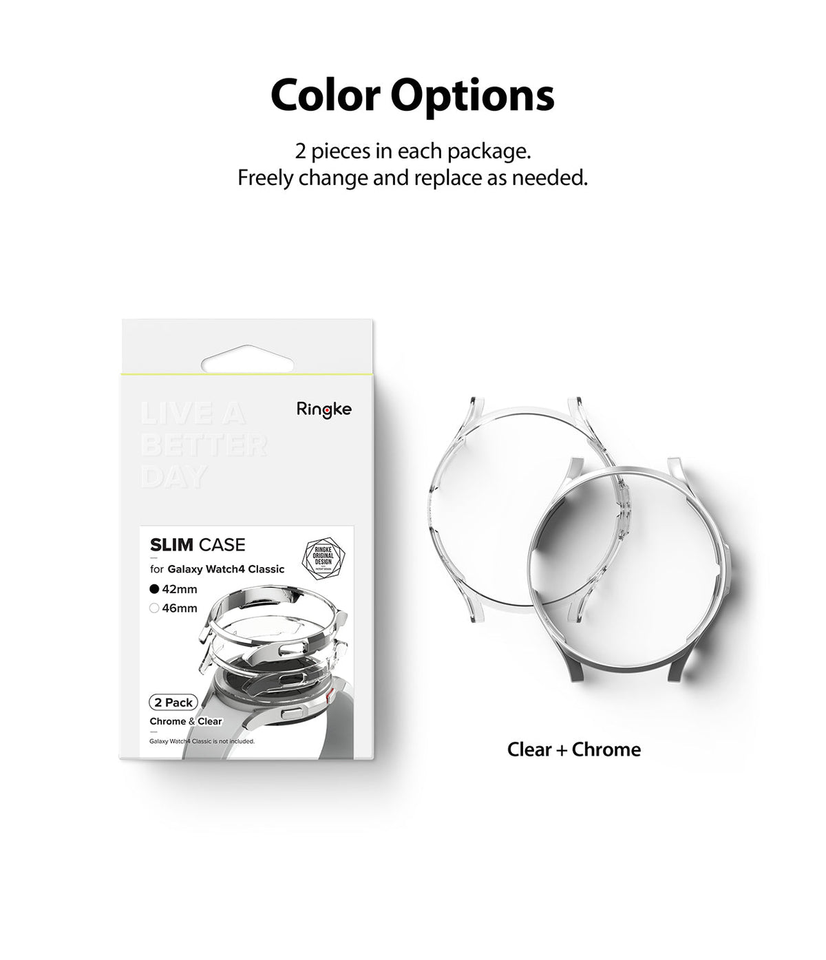 Galaxy Watch 4 Classic 42mm Case | Slim - Product packaging and two watch cases in clear and chrome finishes.