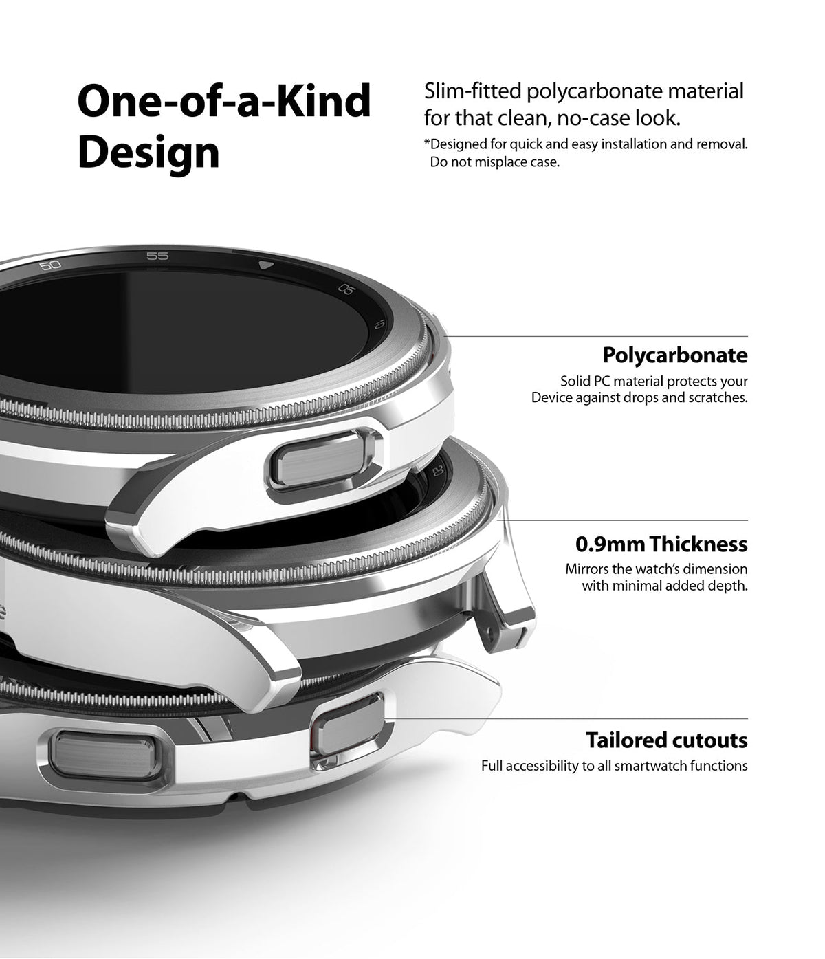 Galaxy Watch 4 Classic 42mm Case | Slim - Exploded view of a slim silver watch case highlighting material and fit.
