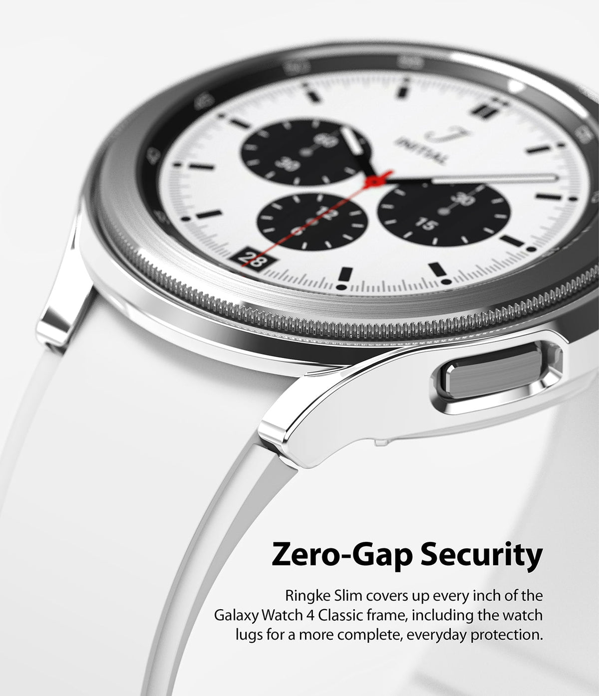 Galaxy Watch 4 Classic 42mm Case | Slim - Close-up of a silver protective case on a Galaxy Watch 4 with a white band.