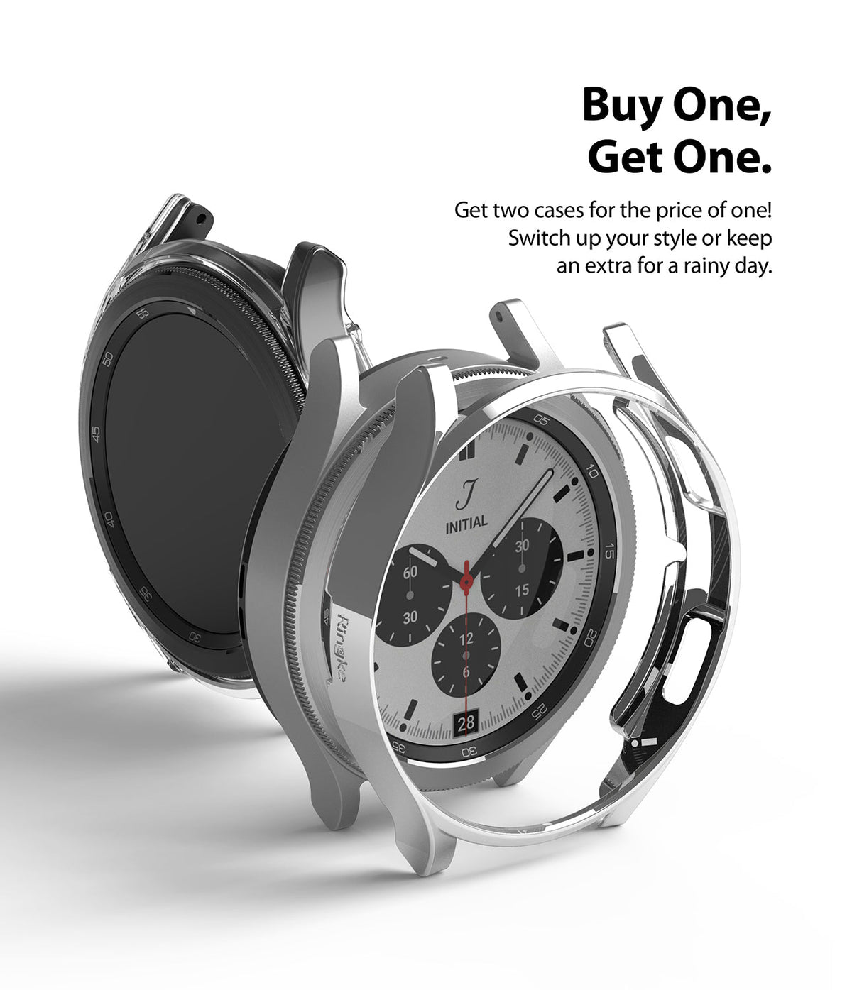 Galaxy Watch 4 Classic 42mm Case | Slim - Two silver protective watch cases floating around a Galaxy Watch 4.