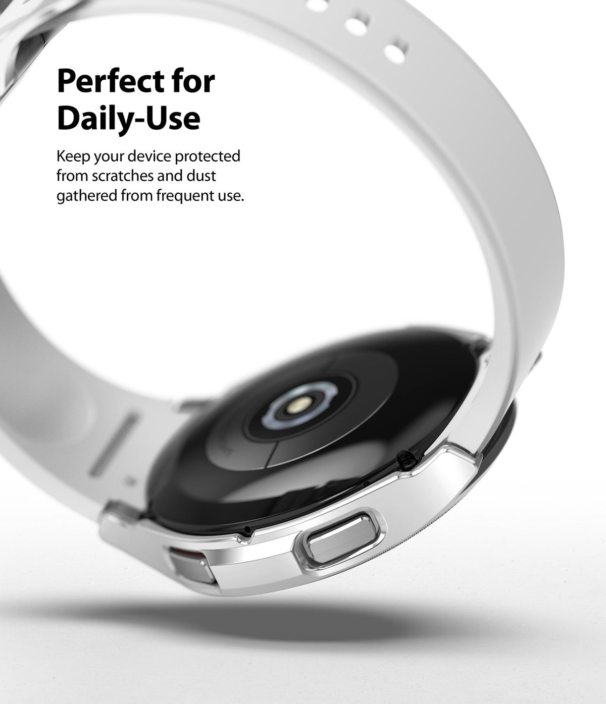 Galaxy Watch 4 Classic 42mm Case | Slim - A clear protective case on a Galaxy Watch 4 with white band and text overlay.