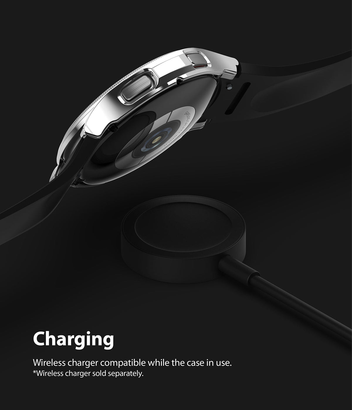 Galaxy Watch 4 Classic 42mm Case | Slim - A silver watch case on a Galaxy Watch 4 hovering above a black wireless charger.
