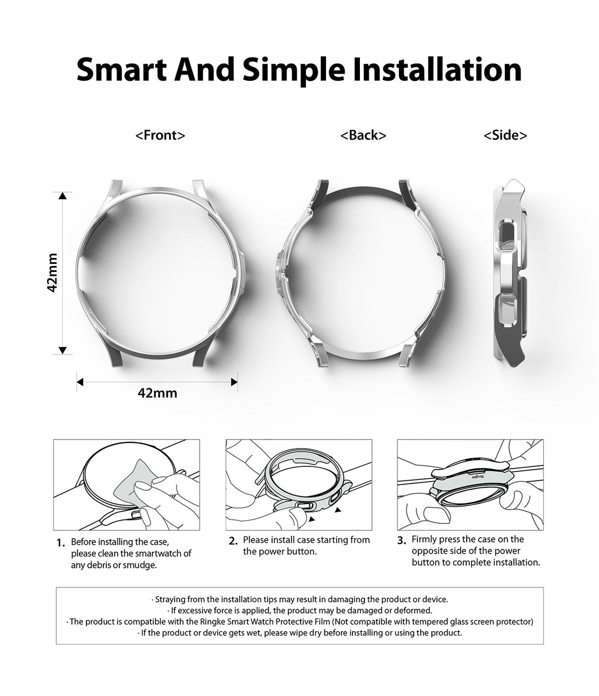 Galaxy Watch 4 Classic 42mm Case | Slim - Technical diagrams showing the 42mm watch case dimensions and three-step installation.