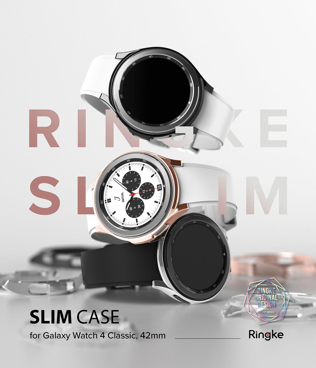 Galaxy Watch 4 Classic 42mm Case | Slim - Three Galaxy Watch 4 Classic smartwatches with slim cases stacked vertically.
