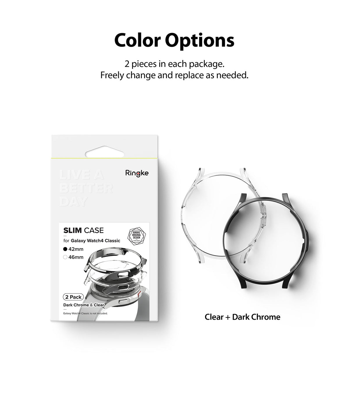 Galaxy Watch 4 Classic 42mm Case | Slim - Retail packaging for a 2-pack of clear and dark chrome watch cases.