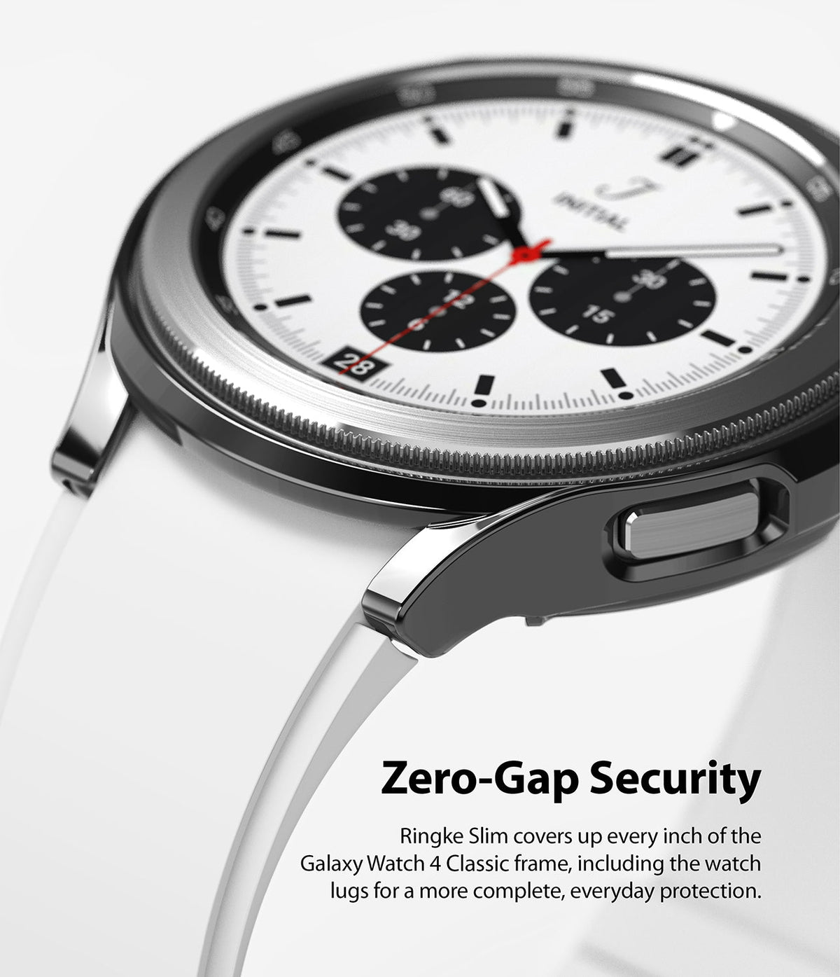 Galaxy Watch 4 Classic 42mm Case | Slim - Close-up of a sleek black protective case on a Galaxy Watch 4 with a white strap.