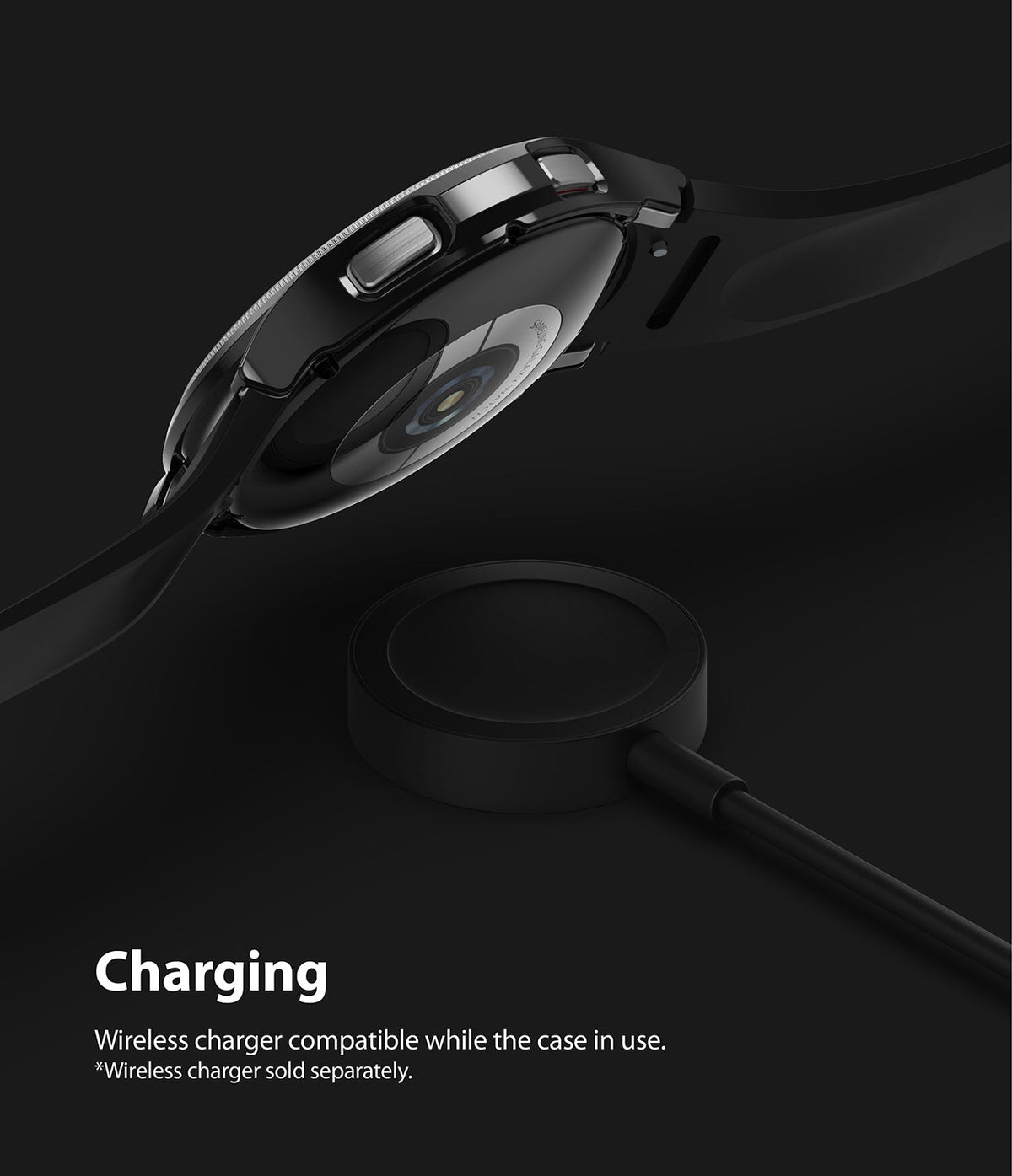 Galaxy Watch 4 Classic 42mm Case | Slim - Black smartwatch with protective case hovering above a wireless charger.
