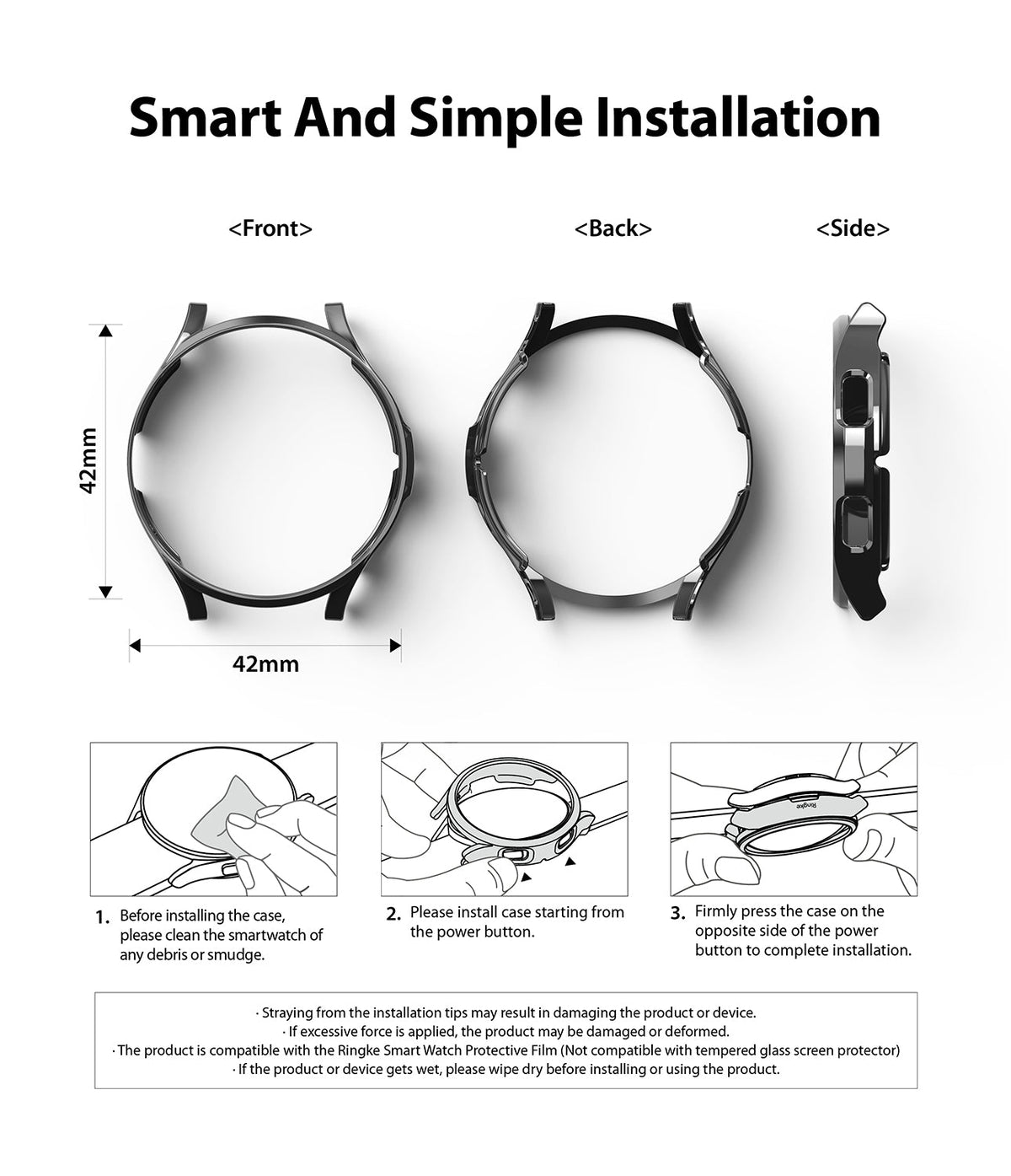 Galaxy Watch 4 Classic 42mm Case | Slim - Front, back, and side views of the watch case with 3-step installation guide.