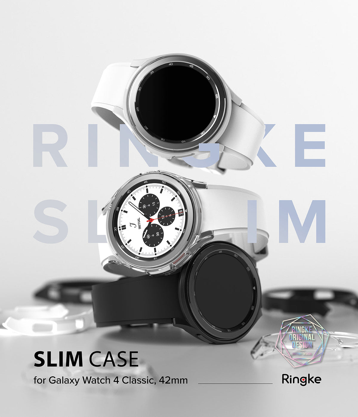 Galaxy Watch 4 Classic 42mm Case | Slim - Three Galaxy Watch 4 Classic smartwatches stacked with clear protective cases.