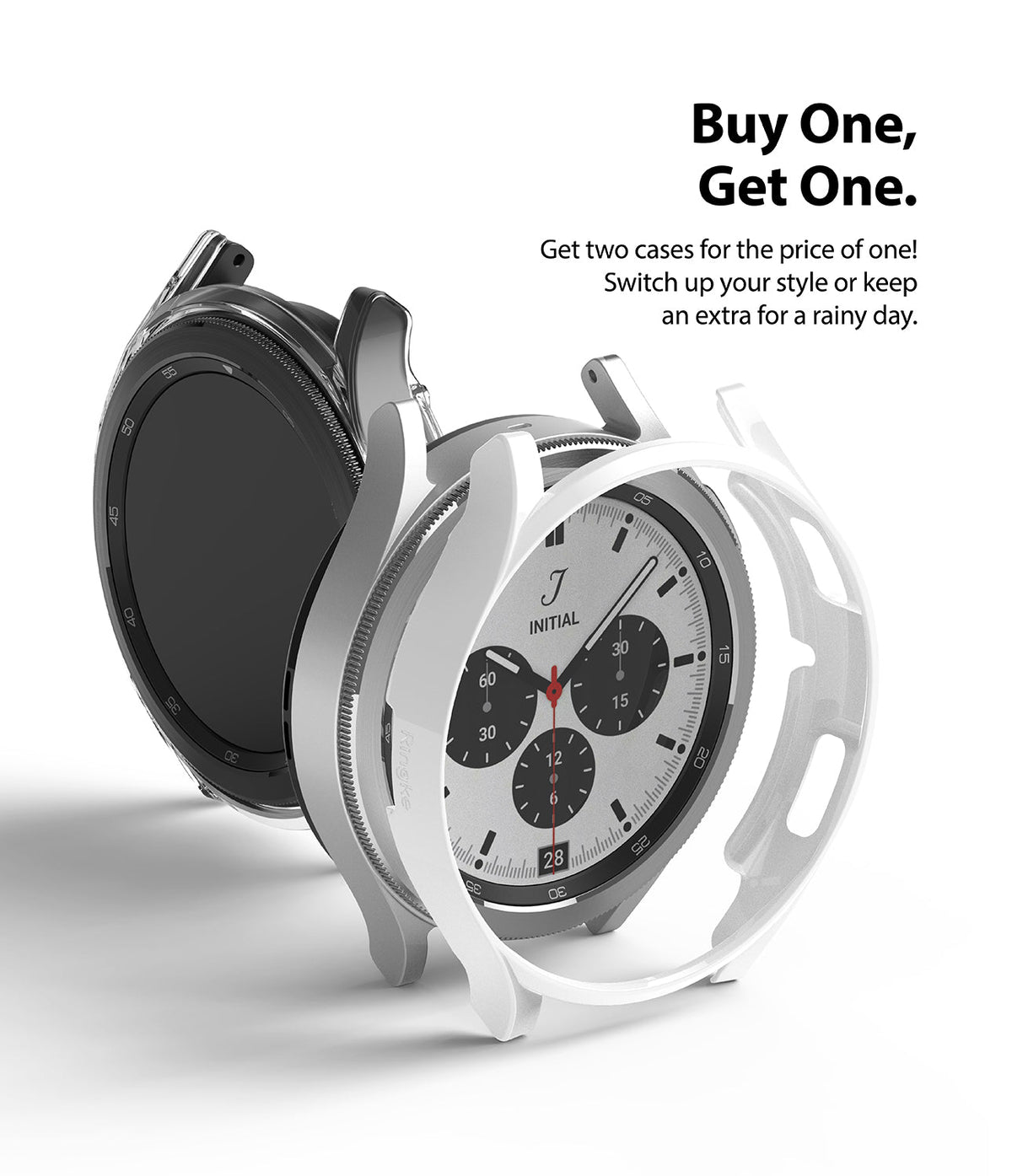 Galaxy Watch 4 Classic 42mm Case | Slim - Two slim protective cases in clear and white floating around a silver watch.