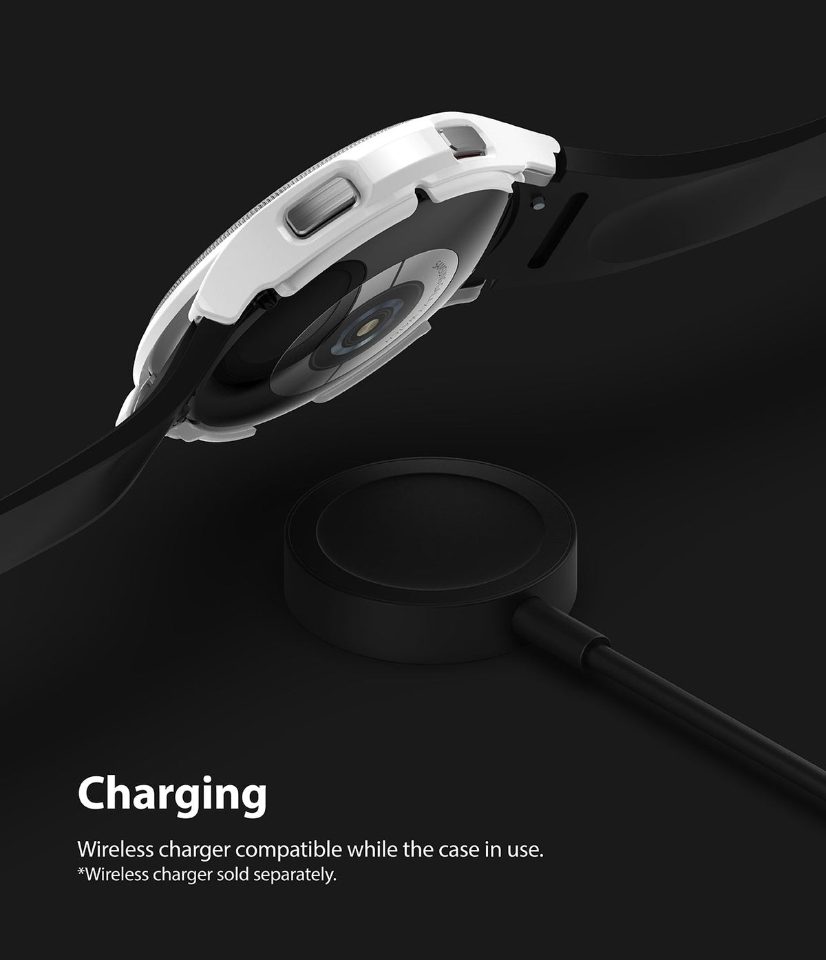 Galaxy Watch 4 Classic 42mm Case | Slim - White protective case on a Galaxy Watch 4 hovering above a wireless charger.